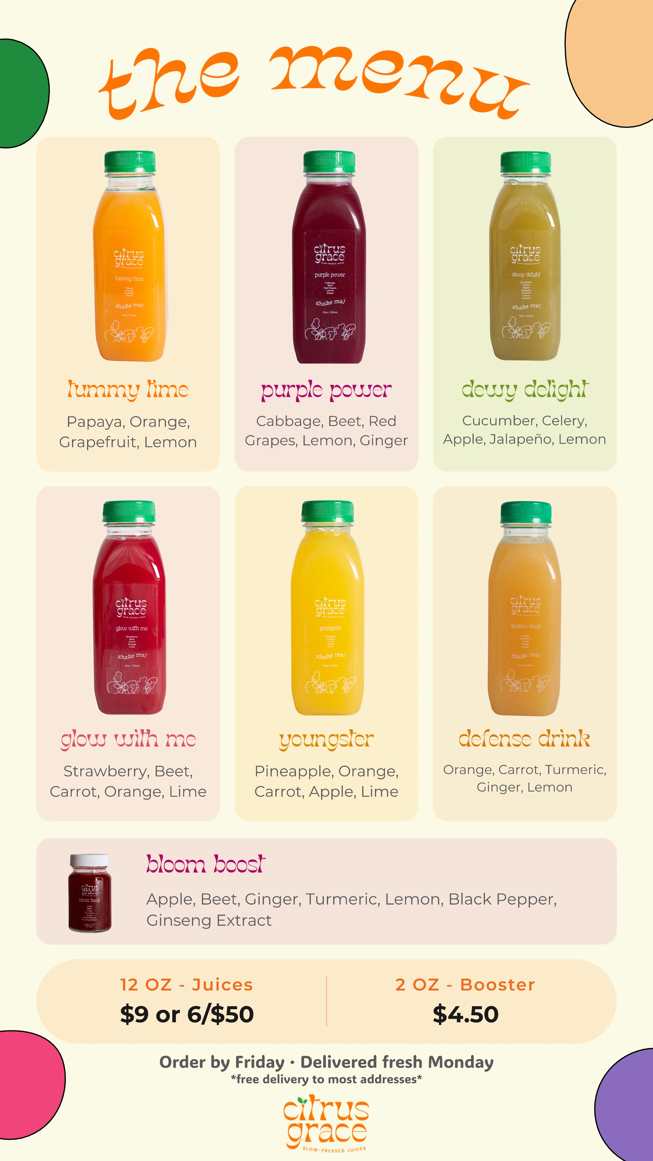 Citrus Grace menu featuring six slow-pressed juices, Bloom Boost, pricing, and weekly delivery details