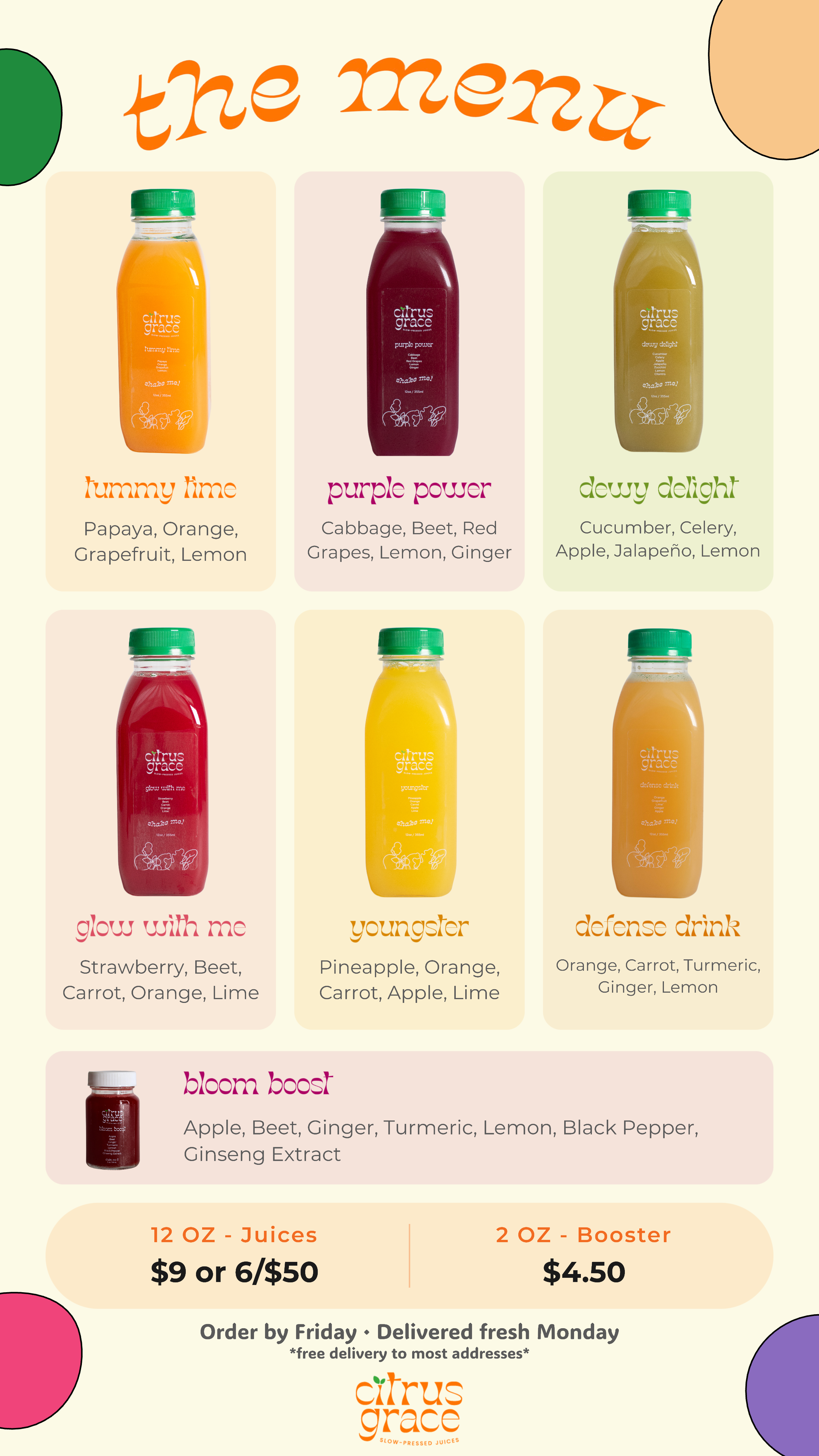 Citrus Grace menu featuring six slow-pressed juices, Bloom Boost, pricing, and weekly delivery details